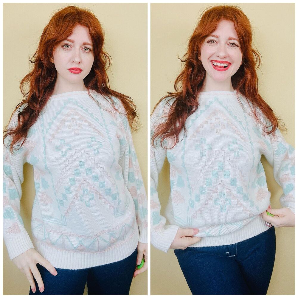 1980s Vintage Cream and Pastel Southwestern Sweater / 80s Knit Mint Green XL